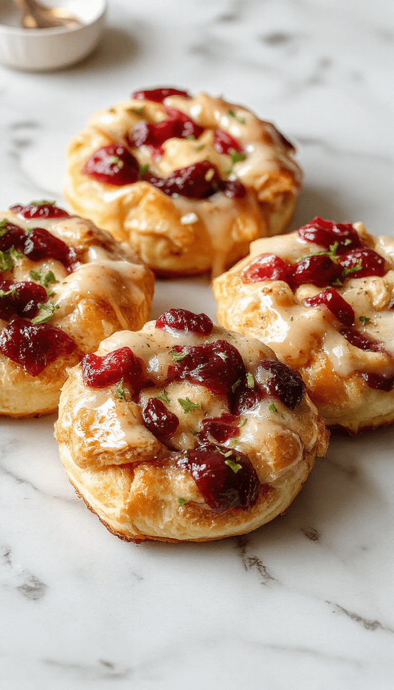 A golden-brown crescent ring arranged in a circular shape on a white platter, filled with turkey, cranberry sauce, and melted cheese, garnished with fresh herbs, with a colorful holiday table setting in the background.