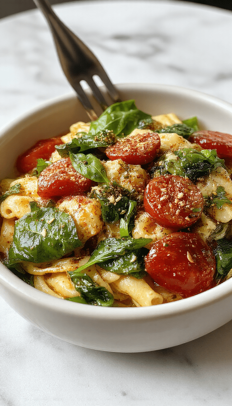 A vibrant plate of spinach and cherry tomato pasta showcasing fresh green spinach, bright red cherry tomatoes, and al dente pasta topped with grated cheese, garnished with basil leaves, on a rustic wooden table with a light drizzle of olive oil and a side of garlic bread.