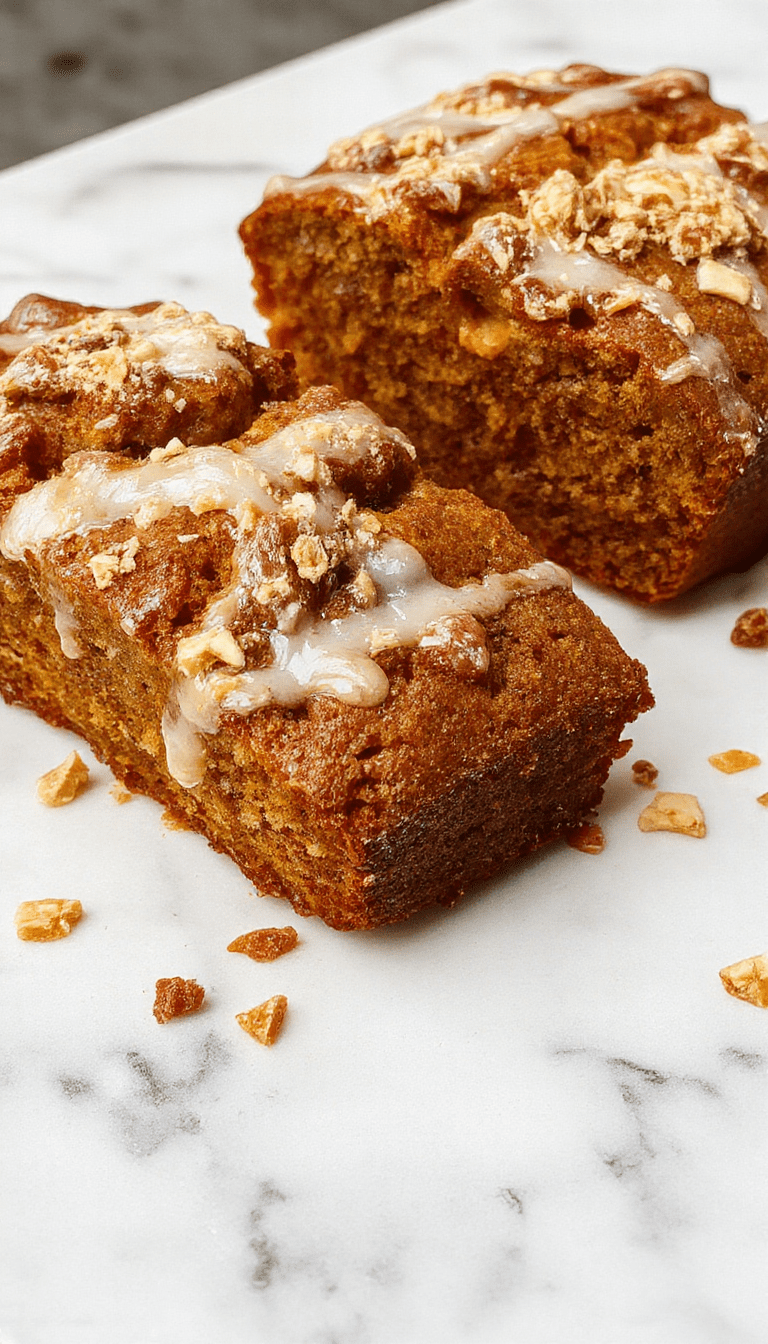 A slice of vibrant orange pumpkin bread topped with golden streusel crumbs and drizzled with a glossy orange glaze, set on a rustic wooden plate with a fresh orange beside it, styled with soft natural lighting emphasizing the moist crumb and crunchy topping.