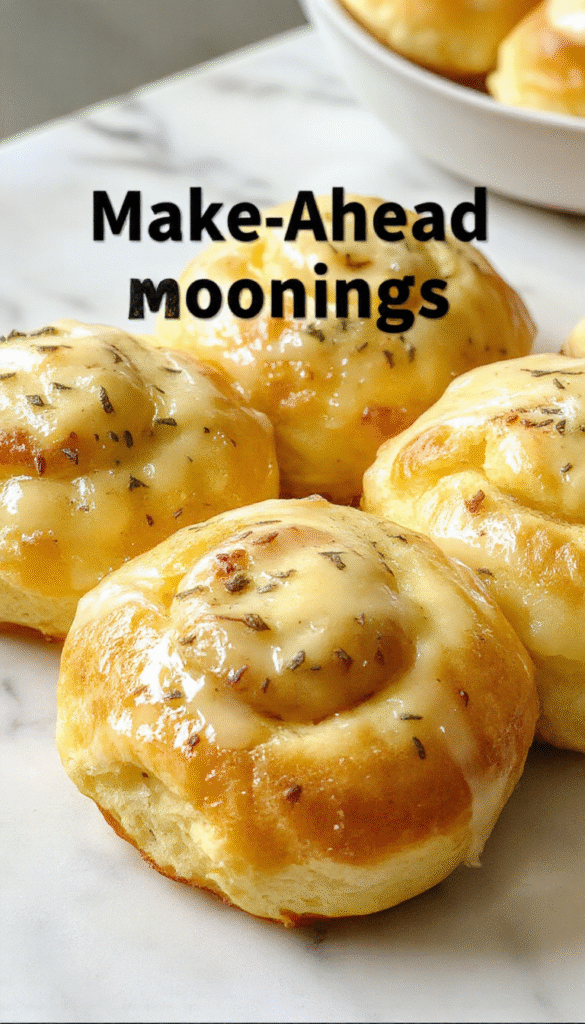 A close-up of warm, golden-brown breakfast rolls arranged on a rustic wooden platter, showcasing their fluffy texture and soft interior, with a drizzle of honey and fresh herbs for garnish, styled with a cozy kitchen backdrop.
