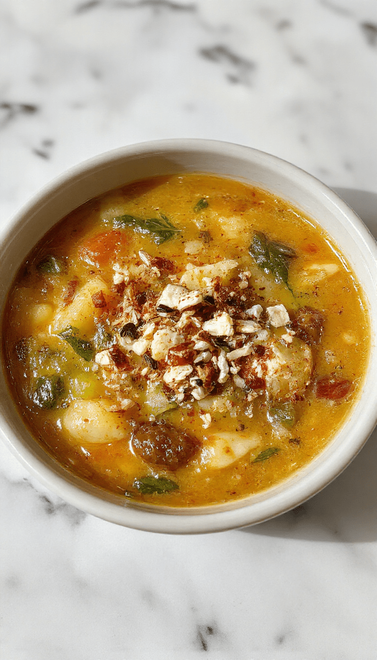 Colorful vegetable soup served in a white bowl, garnished with chopped herbs and a drizzle of olive oil, with fresh chopped vegetables visible around the bowl, set on a rustic wooden table, natural lighting highlights the vibrant orange, green, and purple tones of the ingredients