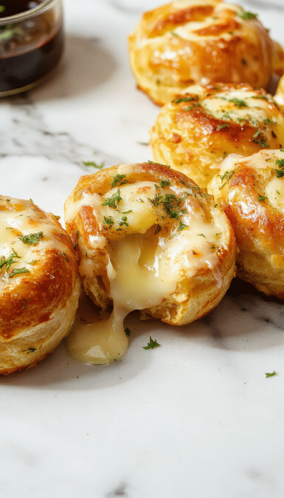 Golden brown cheesy garlic rolls arranged on a rustic wooden platter, topped with melted cheese and fresh parsley, with a soft interior visible through a slight tear, steam rising, styled with a sprinkle of garlic powder and herbs