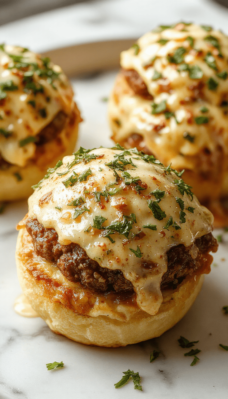 A close-up shot of golden-brown cheeseburger bombs topped with melted cheese and sprinkled with fresh parsley, served on a rustic wooden platter with a side of dipping sauce. The bombs reveal juicy beef filling with hints of garlic and parmesan, with crispy edges and gooey melted cheese, inviting viewer to indulge.