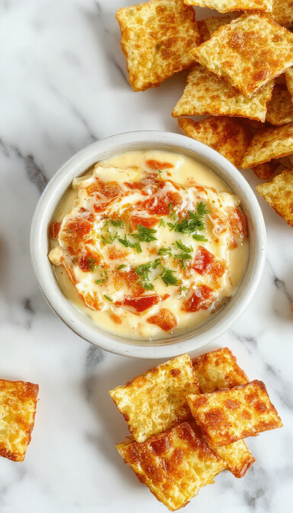 A vibrant bowl of Texas Trash Dip showcasing a gooey, cheesy mixture topped with chopped green onions and crispy bacon pieces, served with colorful tortilla chips on a rustic wooden platter, emphasizing its creamy texture and inviting presentation.