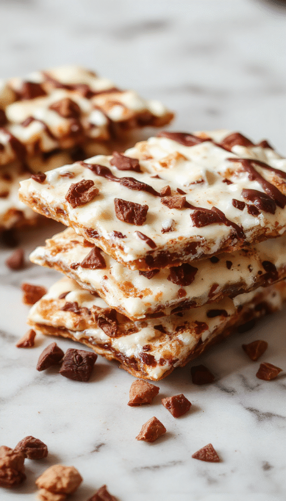 Colorful protein yogurt bark topped with fresh berries, chopped nuts, and honey, neatly arranged on a white rectangular plate with a light wooden background, showing vibrant textures and glossy finish.