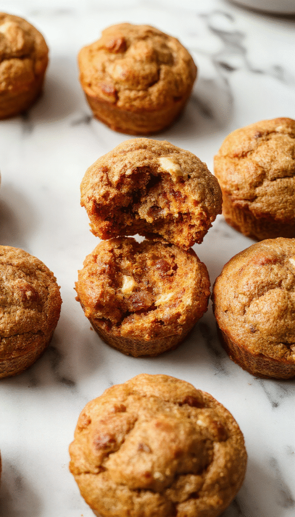 A close-up of golden-brown pumpkin cottage cheese muffins arranged on a rustic wooden platter, garnished with a sprinkle of cinnamon and a sprig of fresh herbs. The muffins have a soft, moist texture with visible flecks of pumpkin and cottage cheese, showcasing a fluffy crumb and a slightly crispy top. The vibrant orange hue of the pumpkin and the creamy white of the cottage cheese create an inviting and appetizing scene.
