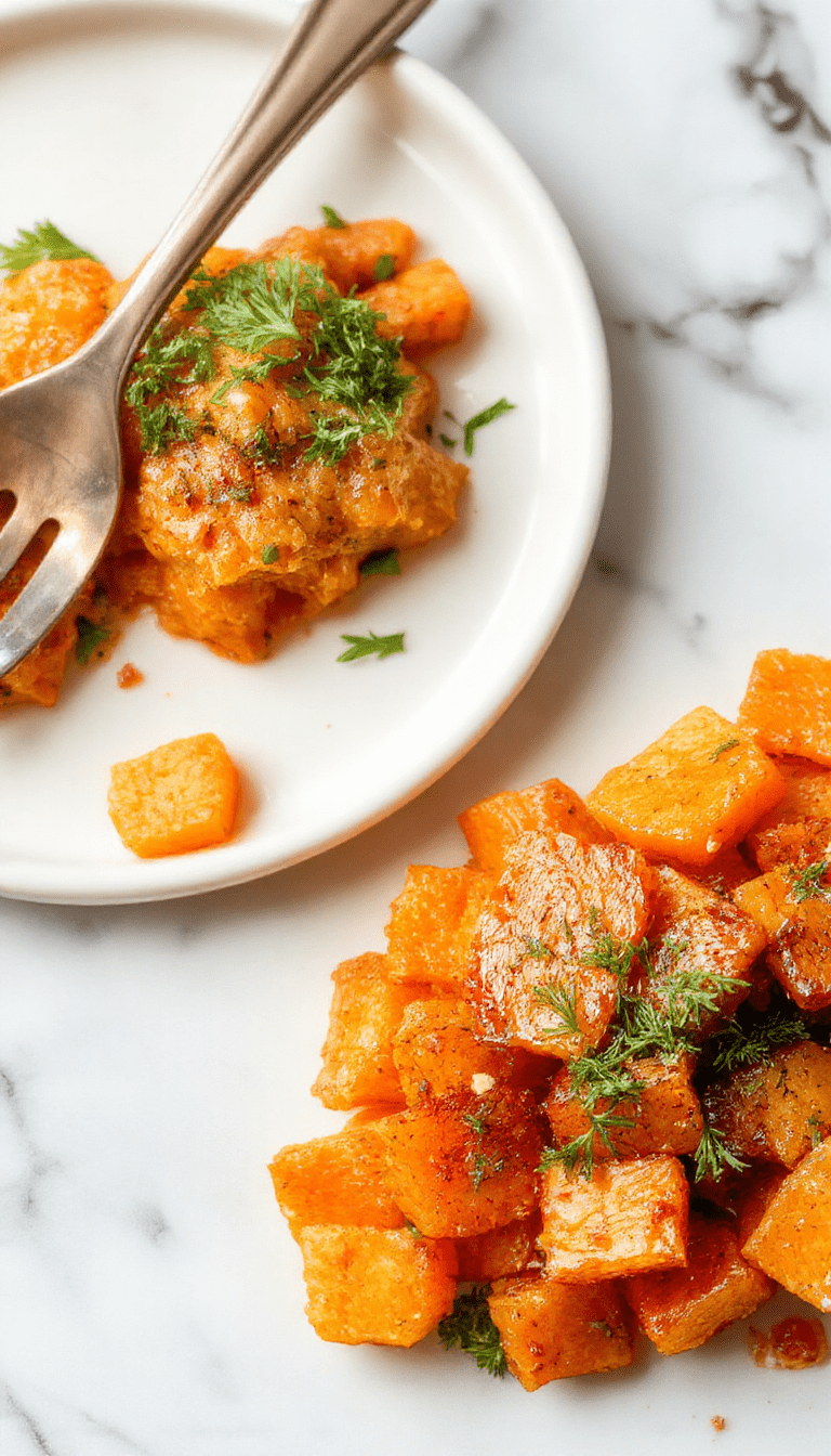 Vibrant orange smashed carrots served in a rustic white bowl, garnished with fresh parsley. The carrots have a smooth, slightly chunky texture with a glossy finish. The dish is styled on a wooden cutting board with a sprig of parsley for garnish, with natural light highlighting the bright color and inviting presentation.
