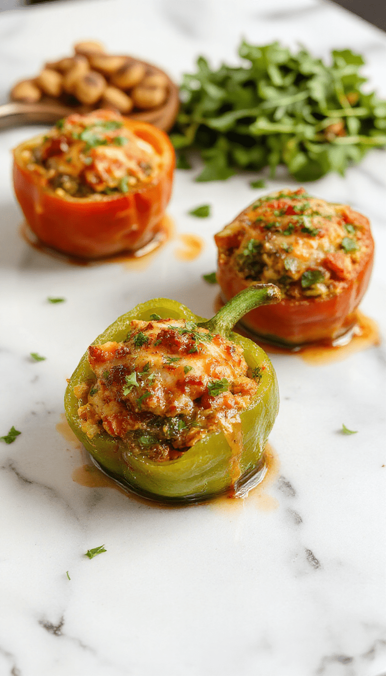 Colorful bell peppers filled with a savory mixture of rice, vegetables, and melted cheese, neatly arranged on a rustic wooden table with fresh herbs and a drizzle of sauce, emphasizing vibrant reds, greens, and yellows with a glossy, appetizing texture.