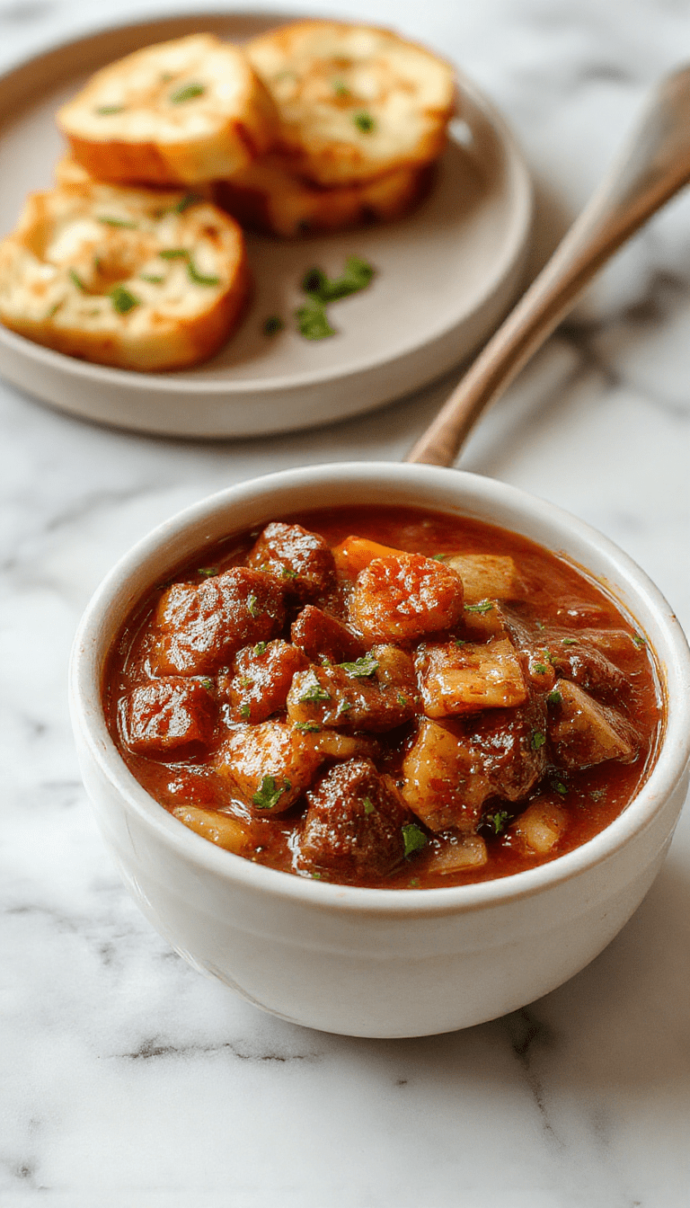 A steaming bowl of hearty American Goulash with tender ground beef, vibrant tomato sauce, and al dente pasta, garnished with fresh herbs, styled on a rustic wooden table with a spoon resting beside it, colorful ingredients and a cozy kitchen background.