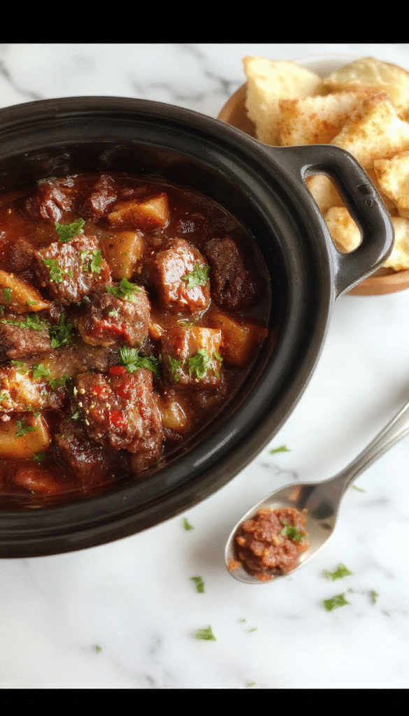 A steaming bowl of hearty beef stew with tender chunks of beef, carrots, potatoes, and celery garnished with fresh herbs, served in a rustic white bowl on a wooden table with a cozy fall-themed background.
