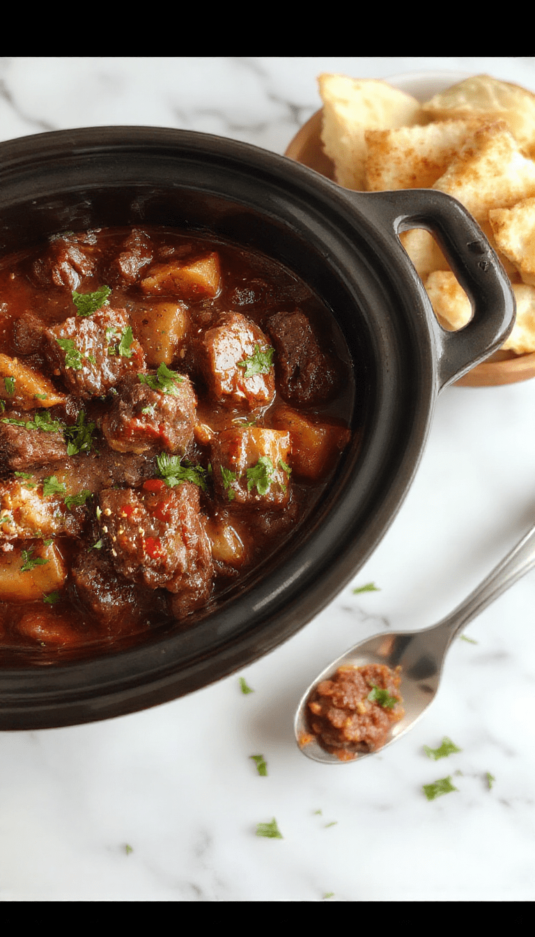 A steaming bowl of hearty beef stew with tender chunks of beef, carrots, potatoes, and celery garnished with fresh herbs, served in a rustic white bowl on a wooden table with a cozy fall-themed background.