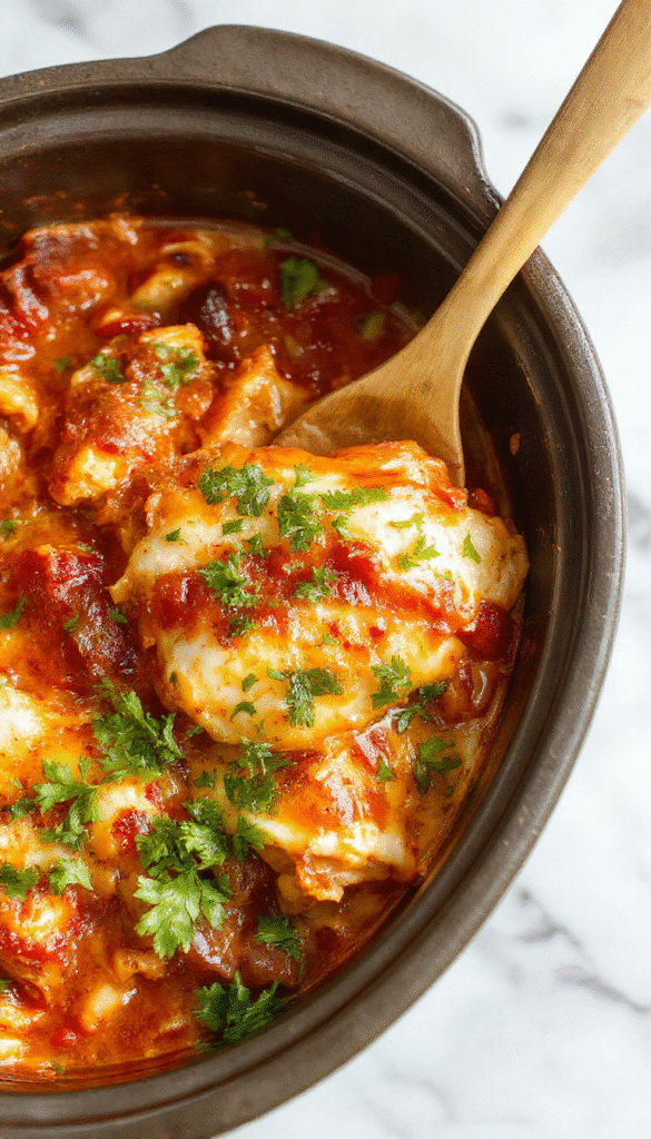 A close-up of a hearty chicken enchilada casserole served in a round dish, topped with melted cheese, fresh cilantro, and sliced jalapenos, with a fork scooping a portion revealing tender shredded chicken and layers of tortillas bathed in rich enchilada sauce, set on a rustic wooden table with vibrant red and green garnishes