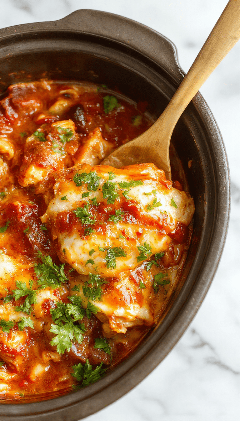 A close-up of a hearty chicken enchilada casserole served in a round dish, topped with melted cheese, fresh cilantro, and sliced jalapenos, with a fork scooping a portion revealing tender shredded chicken and layers of tortillas bathed in rich enchilada sauce, set on a rustic wooden table with vibrant red and green garnishes