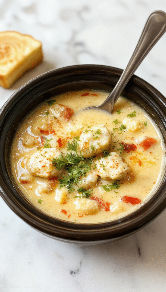 A vibrant bowl of chicken parmesan soup garnished with fresh basil and melted mozzarella cheese, served on a rustic wooden table with a golden-brown toasted bread slice on the side