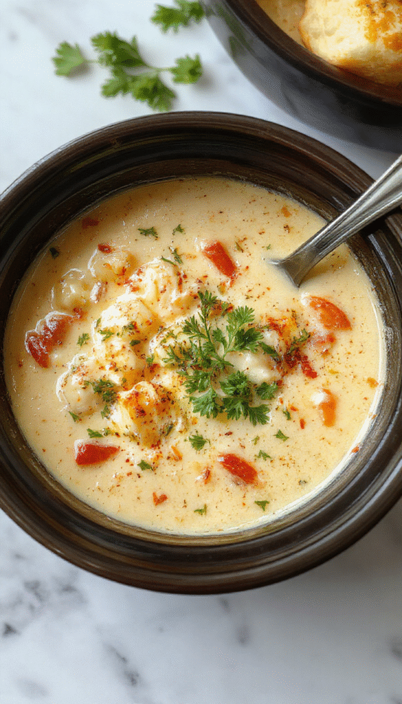 A vibrant bowl of chicken parmesan soup featuring shredded chicken, melted mozzarella cheese, and basil leaves garnished with grated Parmesan on top, served in a white bowl on a rustic wooden table with fresh ingredients and a spoon, colorful soup with rich tomato broth and cheesy texture.