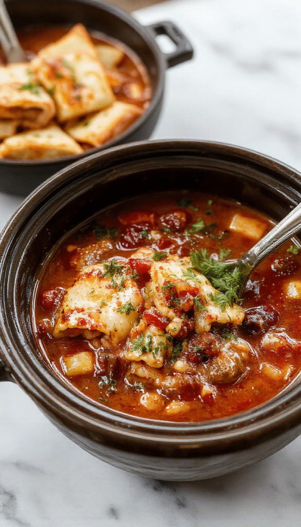 A steaming bowl of hearty lasagna soup with layers of melted cheese, garnished with fresh basil, served in a rustic bowl on a wooden table, surrounded by ingredients like tomatoes, garlic, and mozzarella, showcasing textures from the bubbling cheese to tender noodles.