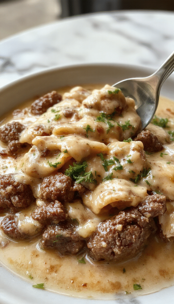 A vibrant plate of ground beef stroganoff featuring tender, ground beef smothered in a rich, creamy mushroom sauce, garnished with fresh parsley on a rustic wooden serving board, with a side of buttery mashed potatoes and a sprig of parsley, showcasing a warm and inviting presentation with a smooth, velvety texture and golden-brown toasted bread in the background.