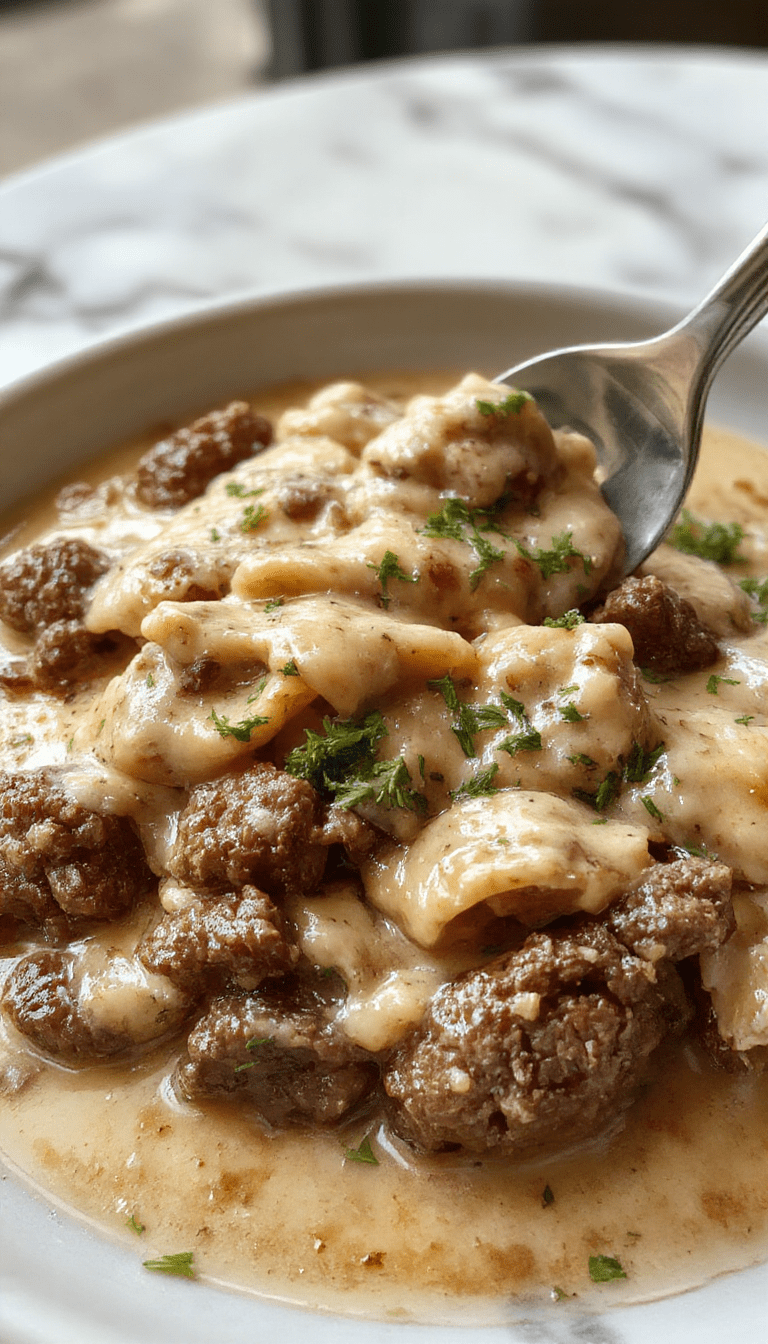 A vibrant plate of ground beef stroganoff featuring tender, ground beef smothered in a rich, creamy mushroom sauce, garnished with fresh parsley on a rustic wooden serving board, with a side of buttery mashed potatoes and a sprig of parsley, showcasing a warm and inviting presentation with a smooth, velvety texture and golden-brown toasted bread in the background.