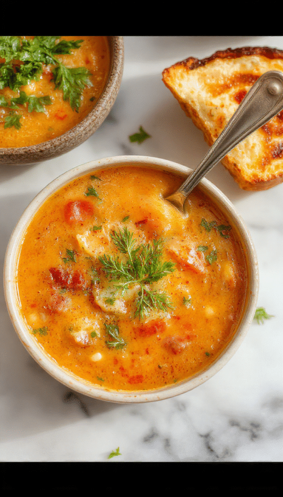 A steaming bowl of Italian Penicillin Soup topped with fresh herbs and grated cheese, with visible chunks of chicken, vegetables, and herbs in a rustic white bowl, vibrant broth in warm tones, styled with a cozy background and wooden spoon
