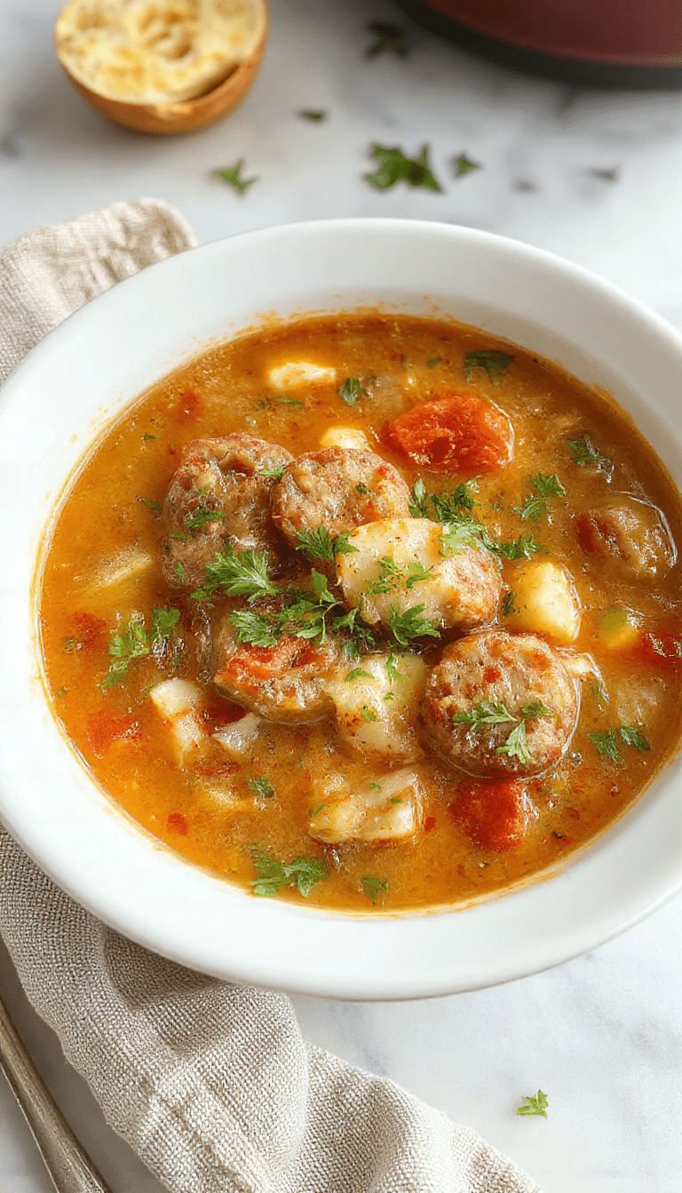 A bowl of hearty Italian sausage soup topped with shredded parmesan cheese, vibrant green herbs, and slices of sausage in a rustic white bowl placed on a wooden table with a spoon beside it, steam rising from the warm, creamy broth.