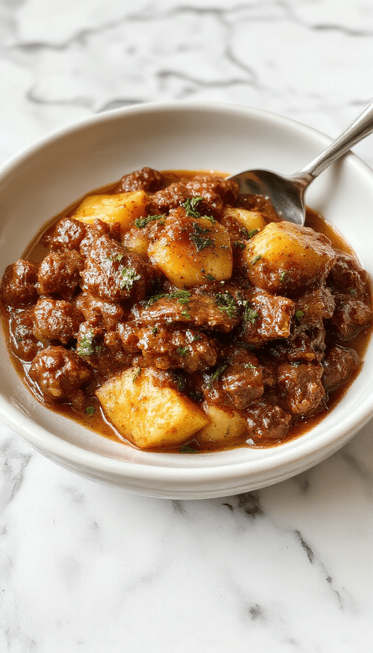 A rustic white plate featuring a generous serving of pumpkin beef Bolognese topped with fresh herbs, showcasing a rich, thick tomato-based sauce with chunks of tender beef and orange pumpkin puree. The dish is complemented by a side of crusty bread, with a warm, inviting background of a wooden table and cozy kitchen ambiance.