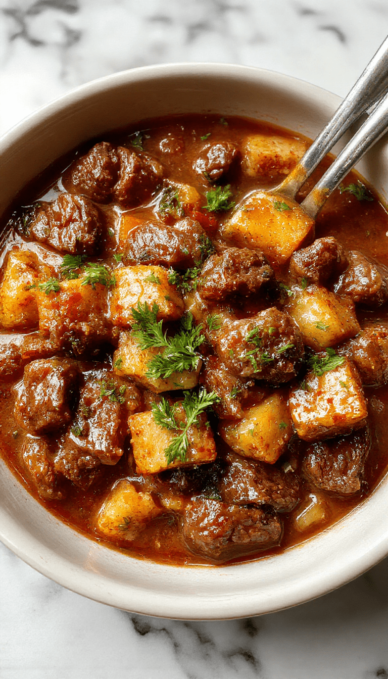 A rustic bowl of steaming beef stew with tender chunks of beef, carrots, potatoes, and celery in a rich, savory broth, garnished with fresh herbs, set on a wooden table with a cozy, warm atmosphere