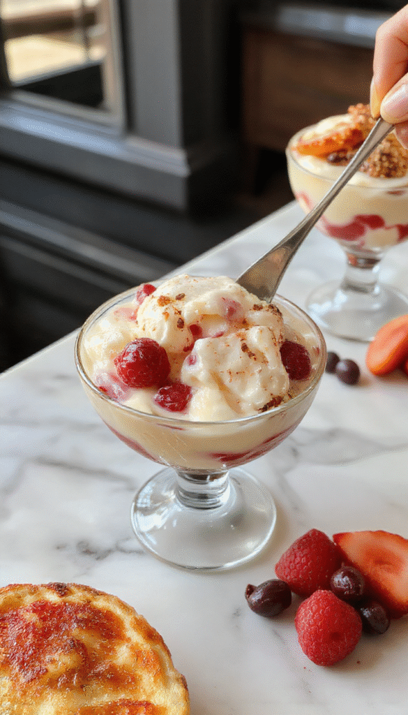A vibrant, layered dessert in a clear glass trifle bowl showcasing fluffy whipped cream, colorful fruit, and delicate cake or cookies, all topped with a cherry and mint leaf, with a soft-focus background highlighting the inviting presentation.