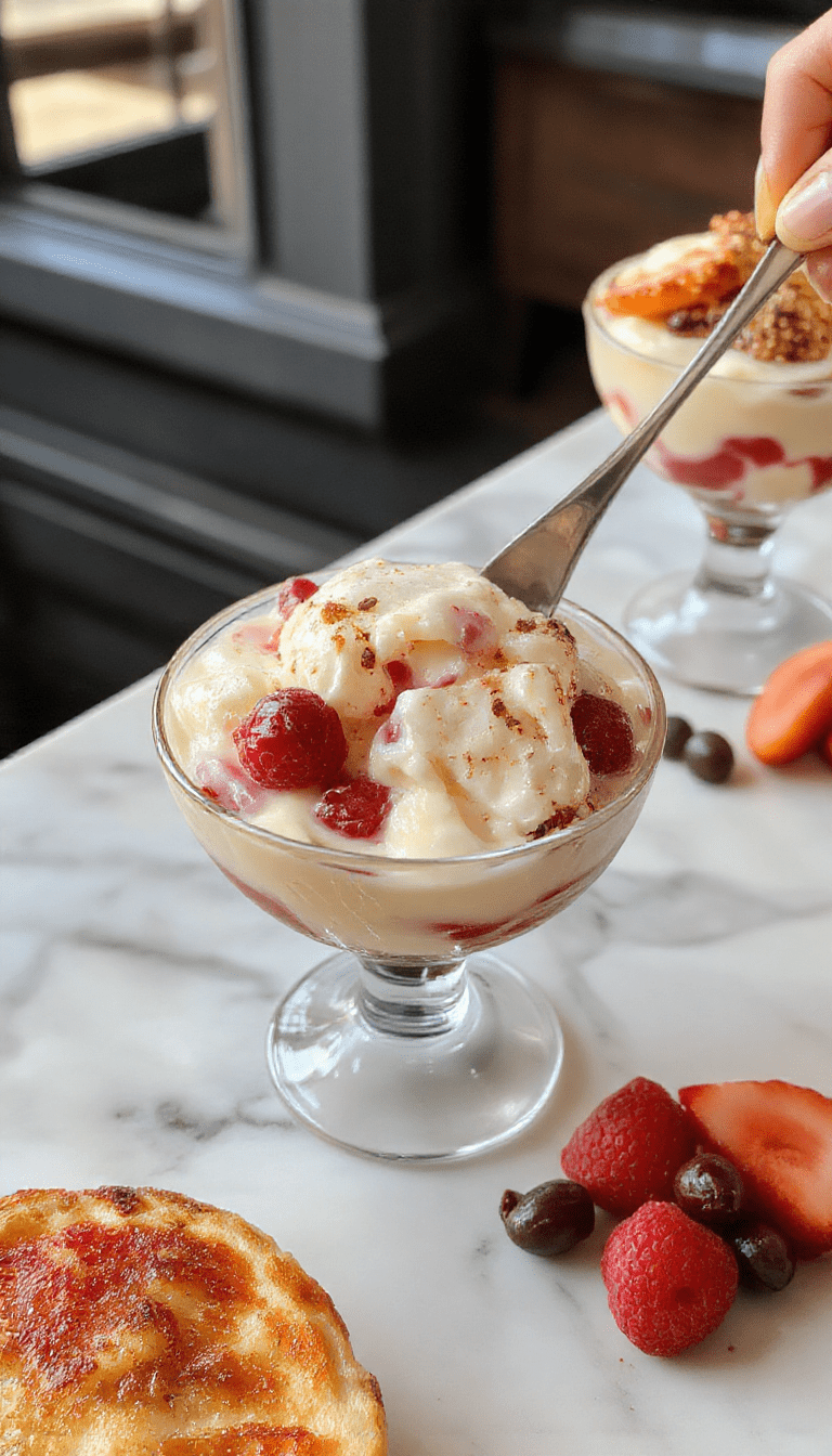 A vibrant, layered dessert in a clear glass trifle bowl showcasing fluffy whipped cream, colorful fruit, and delicate cake or cookies, all topped with a cherry and mint leaf, with a soft-focus background highlighting the inviting presentation.