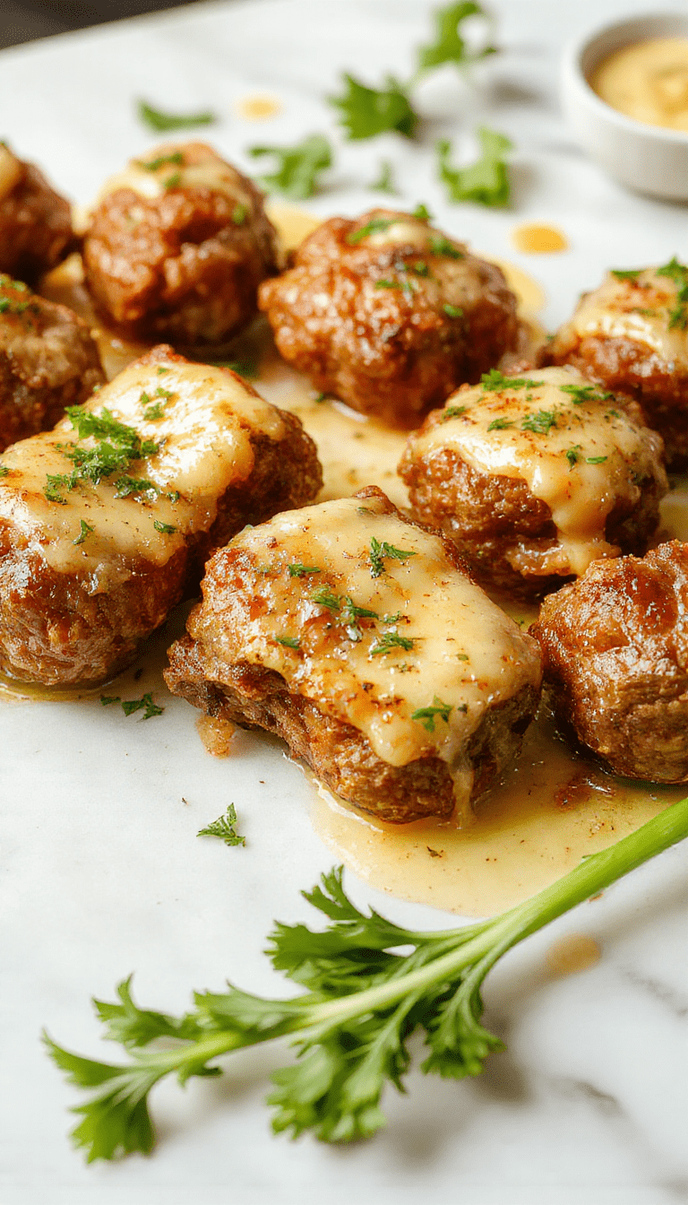 Colorful plate with golden-brown beef bites coated in garlic butter sauce, garnished with fresh herbs, served alongside roasted vegetables on a rustic wooden background
