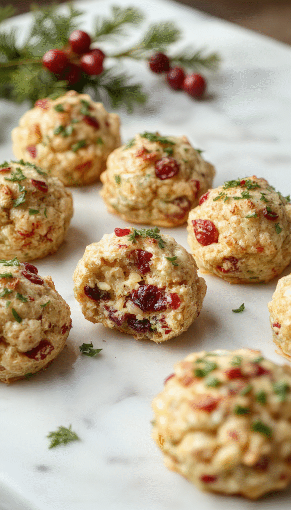 A close-up of golden-brown stuffing balls studded with vibrant red cranberries, arranged on a white plate with fresh herbs and a drizzle of sauce on a wooden table, styled for a holiday celebration