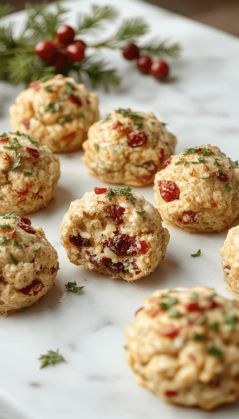 A close-up of golden-brown stuffing balls studded with vibrant red cranberries, arranged on a white plate with fresh herbs and a drizzle of sauce on a wooden table, styled for a holiday celebration