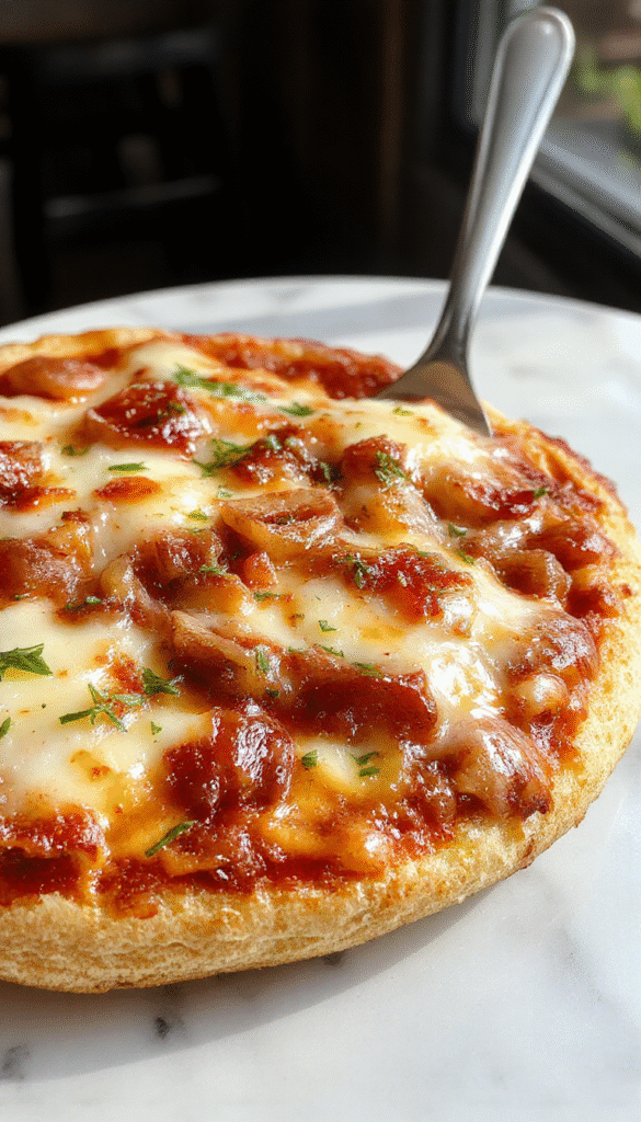 A golden-brown pizza topped with caramelized onions, melted cheese, and fresh herbs on a rustic wooden cutting board, with a slice pulled out revealing gooey cheese and onion topping.