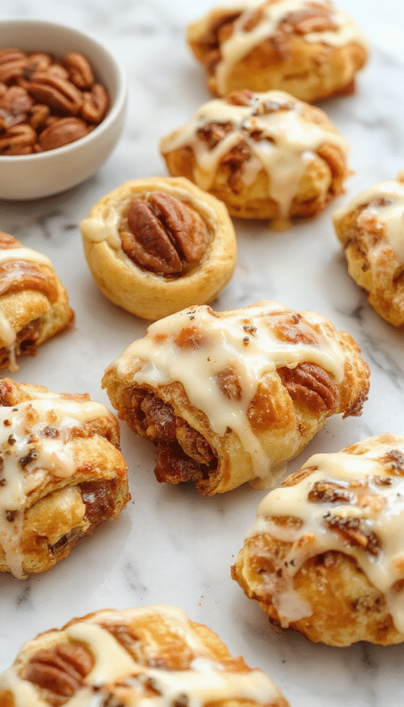 Golden brown buttery crescent rolls with a glossy finish, filled with crushed pecans and caramelized sugar, arranged on a rustic white plate with a sprinkle of powdered sugar, highlighting the flaky textures and rich filling.