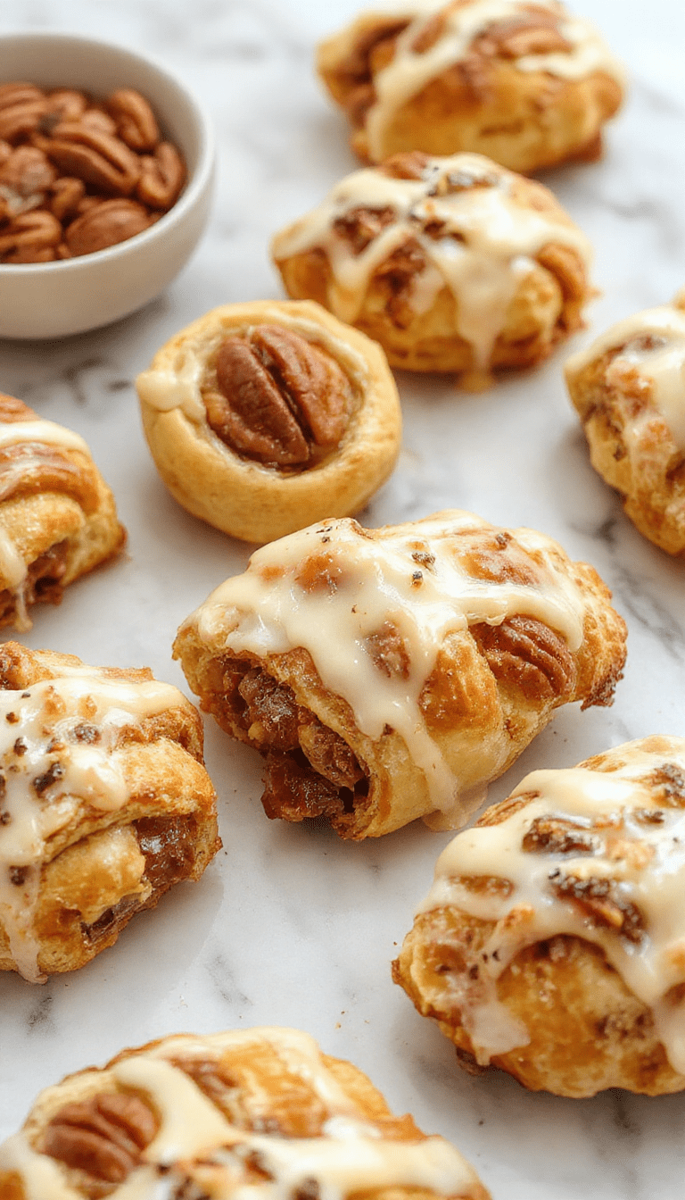 Golden brown buttery crescent rolls with a glossy finish, filled with crushed pecans and caramelized sugar, arranged on a rustic white plate with a sprinkle of powdered sugar, highlighting the flaky textures and rich filling.