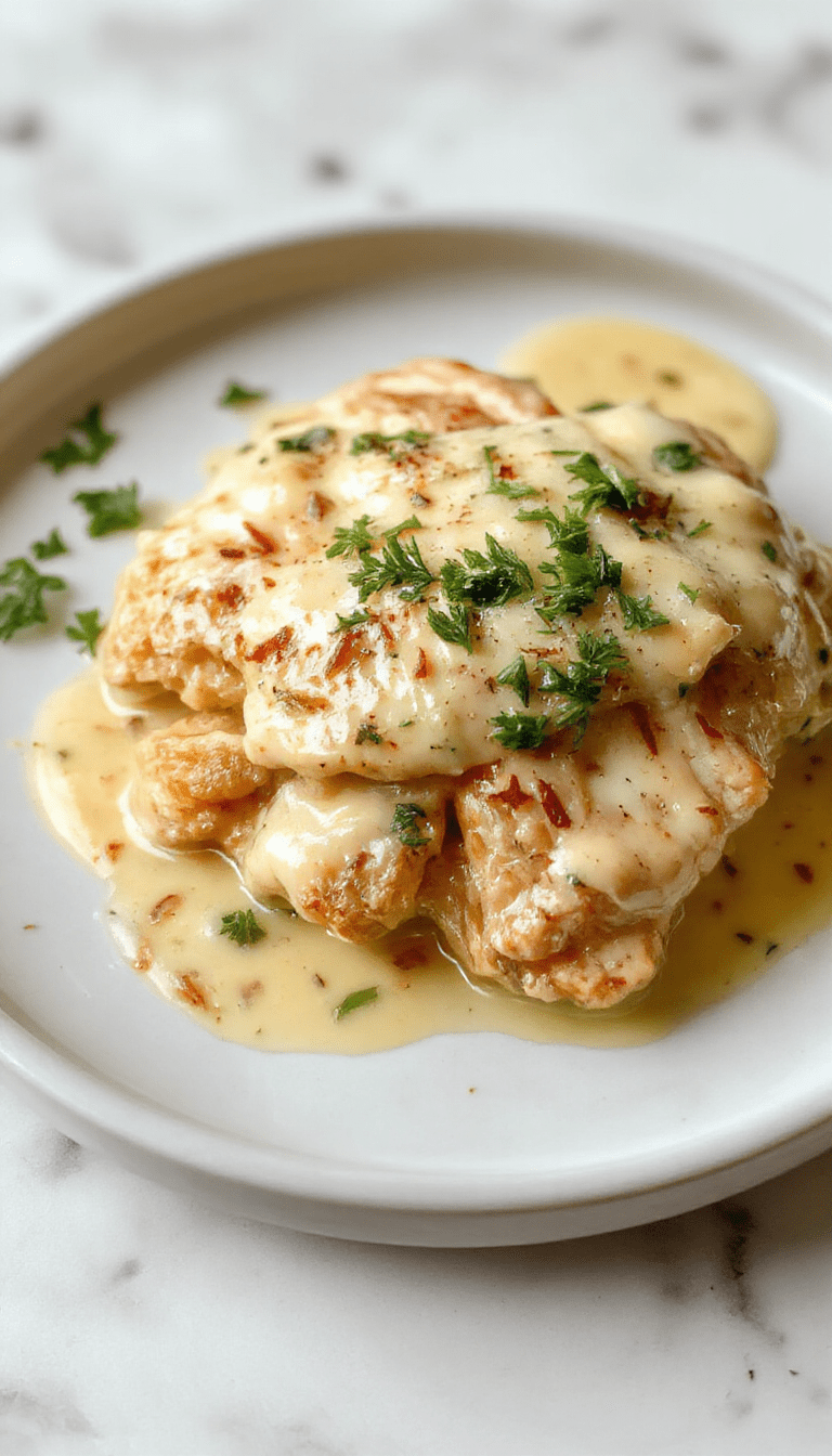 A savory plate featuring golden-brown chicken breasts topped with a creamy, rich whiskey sauce. Garnished with fresh herbs and served alongside roasted vegetables on a rustic wooden table, the dish exudes warmth and comfort. The glossy sauce coats the tender chicken, with steam rising subtly, highlighting the indulgent textures and appealing presentation.