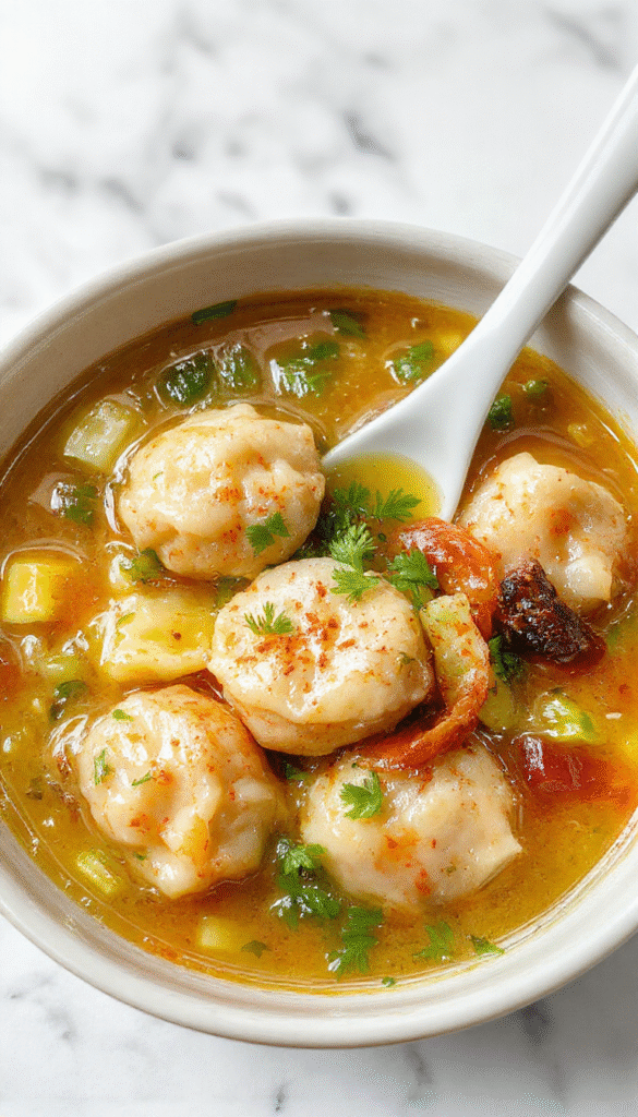 A vibrant bowl of Gyoza Soup featuring golden-brown Japanese dumplings, colorful sliced green onions, and tender vegetables in a clear, steaming broth, elegantly arranged on a rustic wooden table with subtle Asian-style garnishes