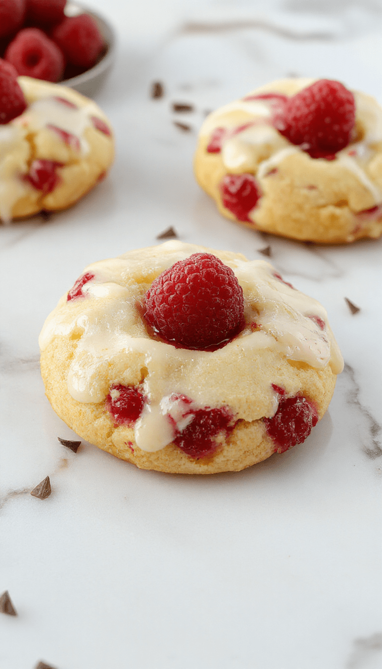 Colorful lemon raspberry cookies arranged on a white plate, showcasing their vibrant red and yellow hues with a textured surface, garnished with fresh raspberries and lemon zest, styled with a light dusting of powdered sugar and a rustic wooden background.