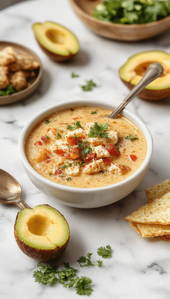 A vibrant bowl of low carb chicken tortilla soup featuring shredded chicken, colorful bell peppers, diced tomatoes, and melted cheese, garnished with fresh cilantro on a rustic wooden table. The soup has a rich, golden broth with a slightly chunky texture, topped with crunchy tortilla strips and slices of lime, creating an inviting and appetizing presentation.