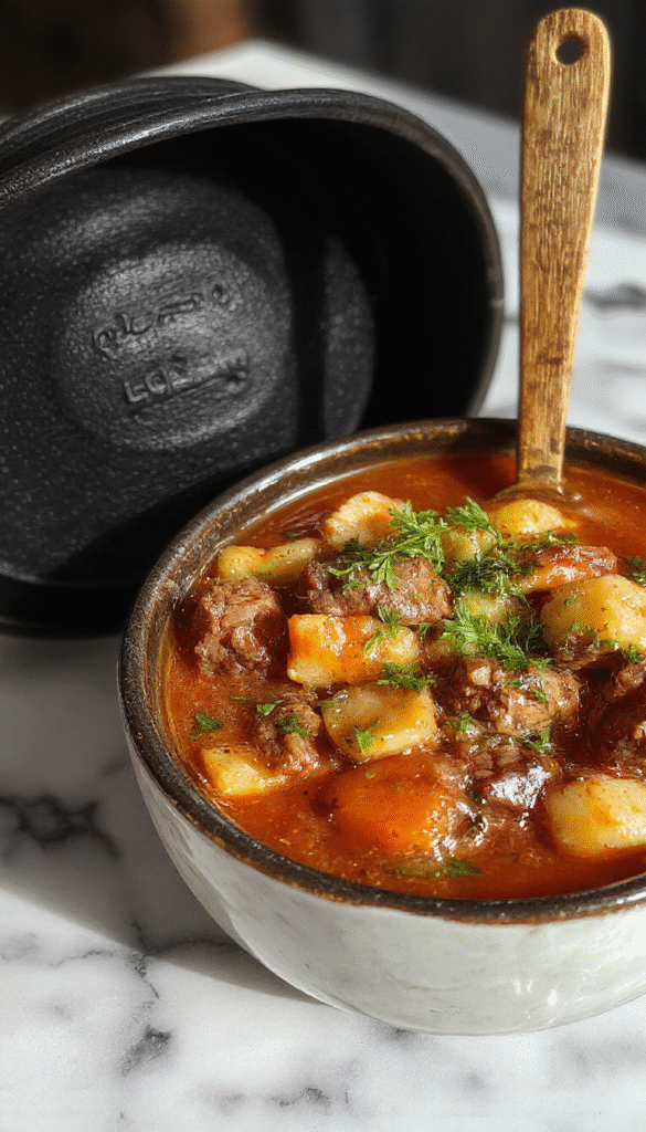 A bubbling black cauldron-shaped dish filled with rich, thick beef stew. The stew contains tender chunks of beef, carrots, potatoes, and herbs, garnished with fresh thyme. The pot sits on a rustic wooden table with a ladle resting inside, surrounded by medieval-themed elements like candles and dark fabric to evoke a witchy, magical atmosphere.