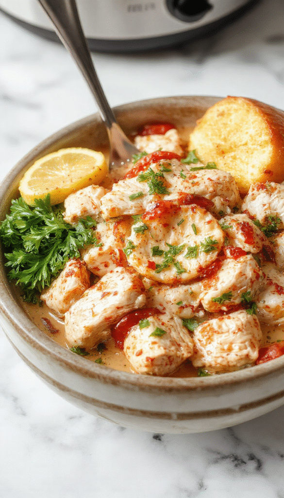 A creamy, golden-marinated chicken dish served on a rustic white plate, garnished with fresh herbs and a drizzle of sauce, showcasing a rich, velvety texture with hints of herbs and spices, styled for a cozy dinner setting.