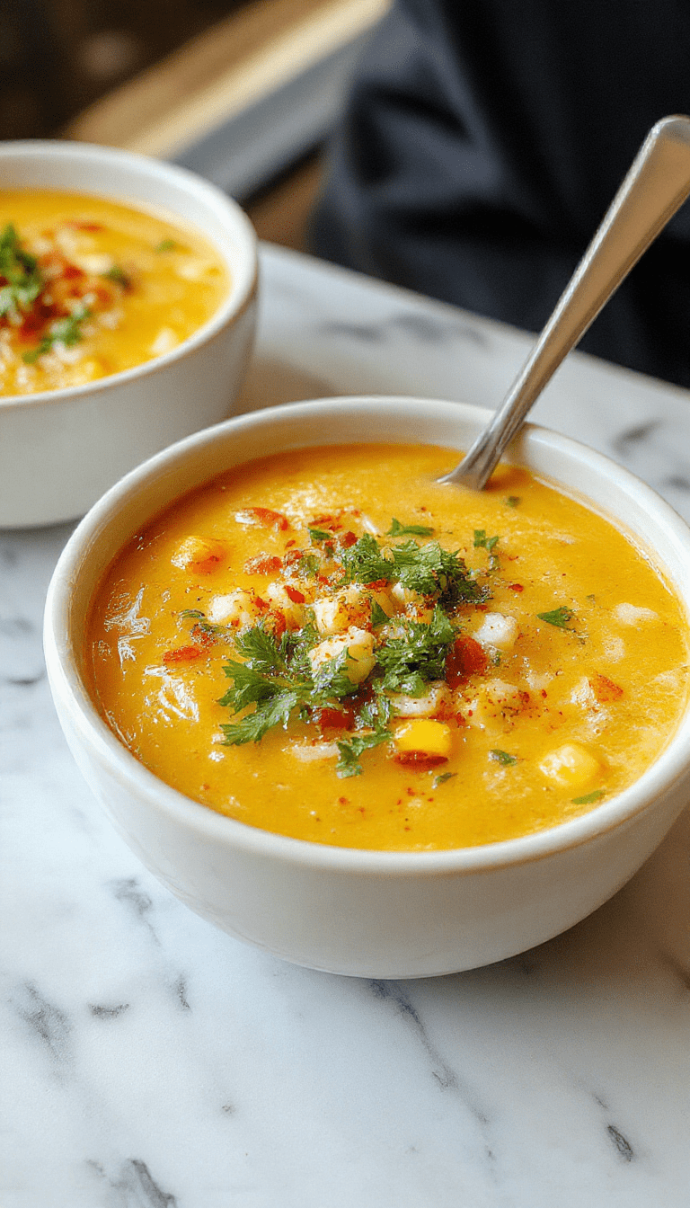 A vibrant bowl of Mexican street corn soup featuring a creamy yellow-orange base topped with crumbled queso fresco, fresh cilantro, and a sprinkle of chili powder. The soup is garnished with roasted corn kernels and a lime wedge on a rustic wooden table, with a spoon resting beside the bowl, creating an inviting and colorful presentation.