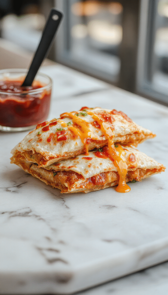 Colorful plate of golden-brown mini quesadillas filled with melted cheese, seasoned burger meat, and toppings, garnished with fresh lettuce and salsa, styled on a rustic wooden board with vibrant ingredients around