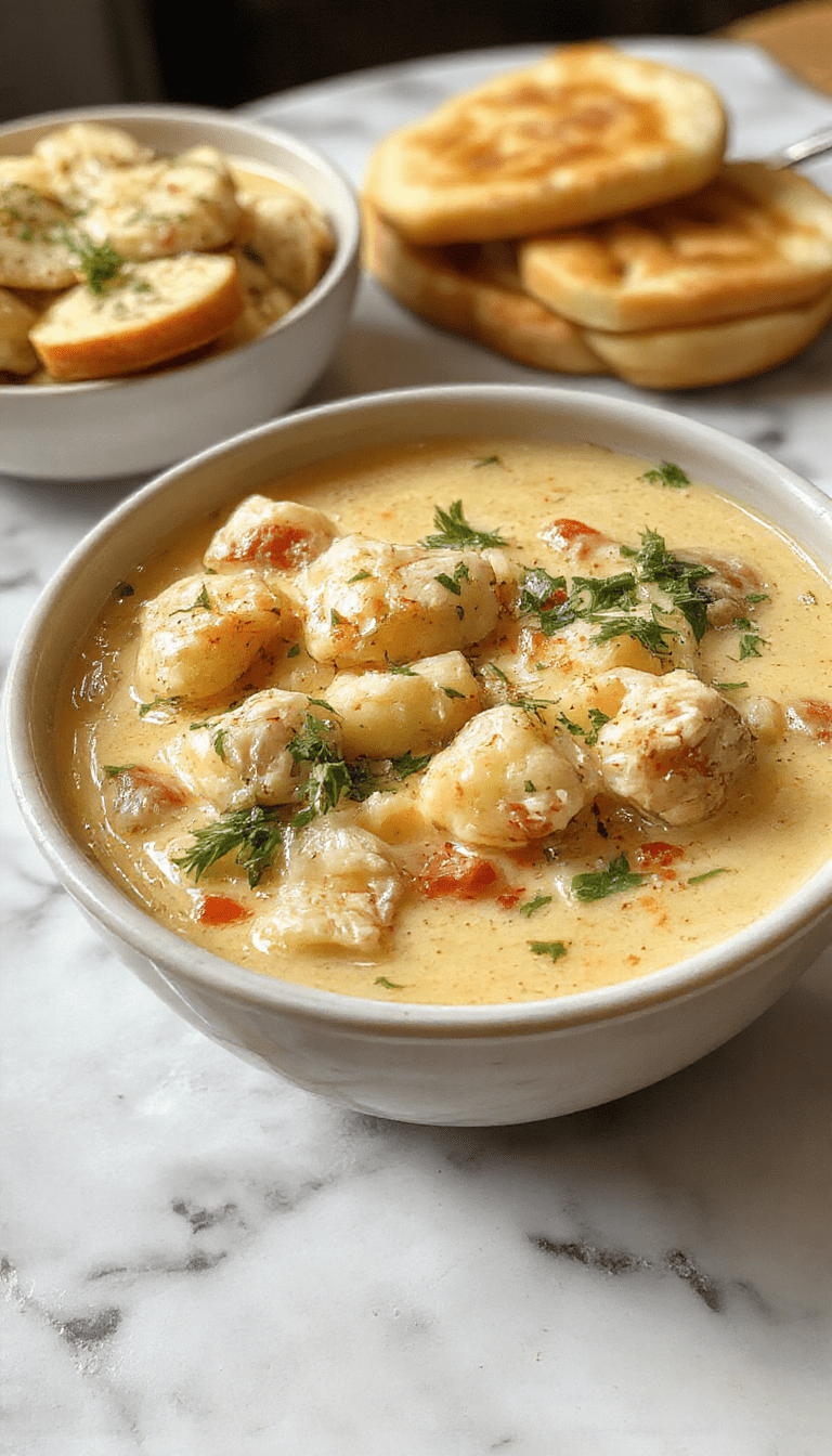 A bowl of Chicken Gnocchi Soup featuring creamy broth with tender gnocchi, shredded chicken, spinach, and herbs, garnished with grated cheese and fresh herbs, styled elegantly on a rustic wooden table with a spoon and bread side.