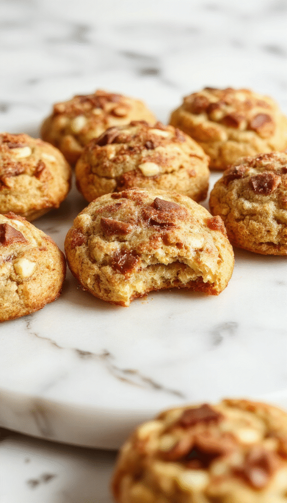 A close-up view of golden-brown snickerdoodle cookies topped with a sprinkle of cinnamon sugar, with fresh apple slices and cinnamon sticks in the background, styled on a rustic wooden surface with warm natural lighting.