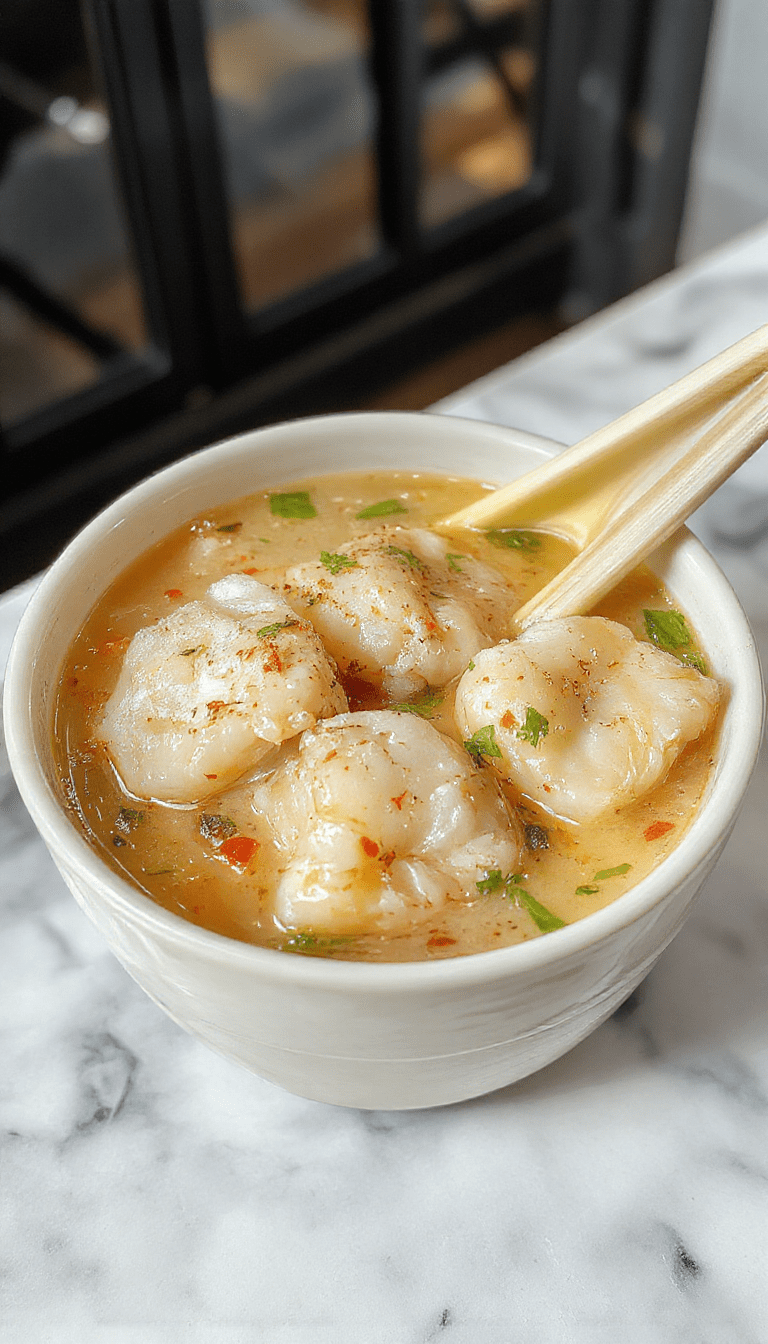 A bowl of steaming wonton soup featuring delicate wontons floating in a clear, savory broth garnished with chopped green onions and sliced mushrooms, set on a rustic wooden table with a spoon resting beside it, vibrant green herbs adding freshness, and a soft background creating a cozy, inviting atmosphere.