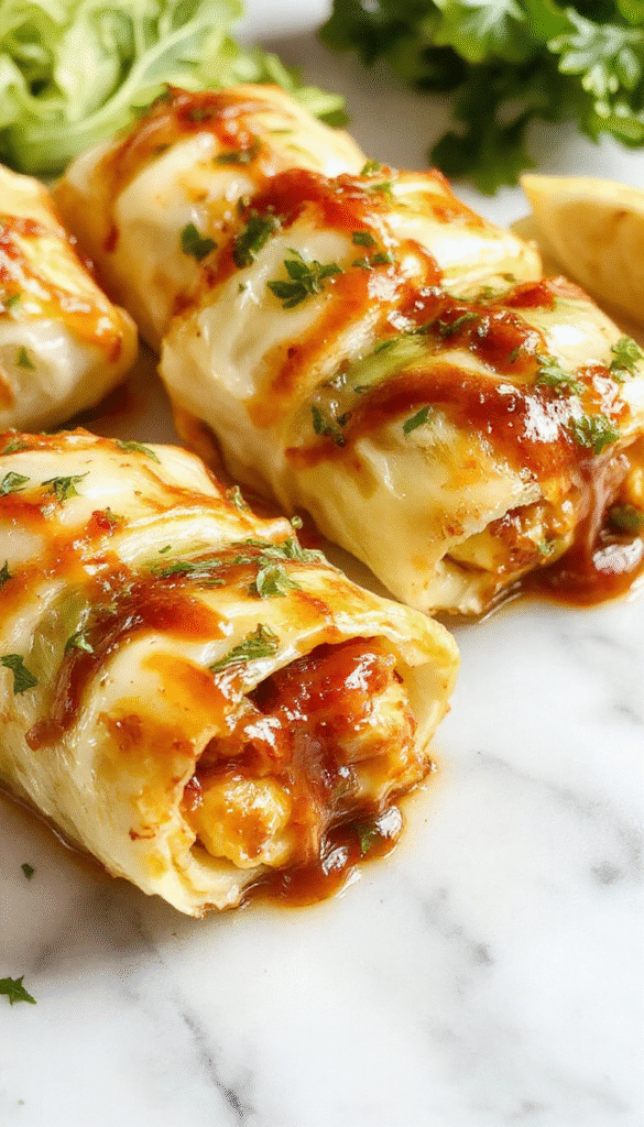 A vibrant plate featuring neatly rolled cabbage leaves filled with seasoned meat and rice, topped with melted cheese and garnished with fresh herbs, served on a rustic wooden table with a fork and knife beside it.
