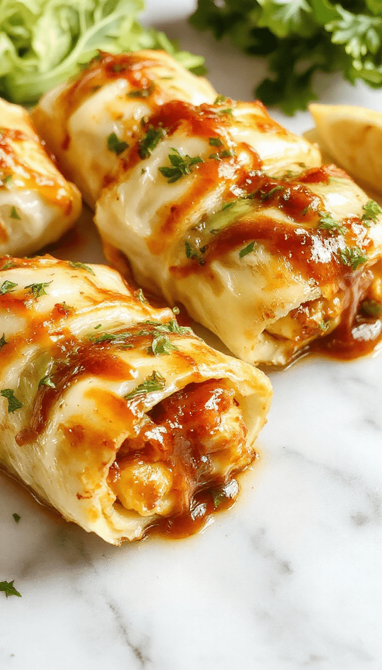 A vibrant plate featuring neatly rolled cabbage leaves filled with seasoned meat and rice, topped with melted cheese and garnished with fresh herbs, served on a rustic wooden table with a fork and knife beside it.