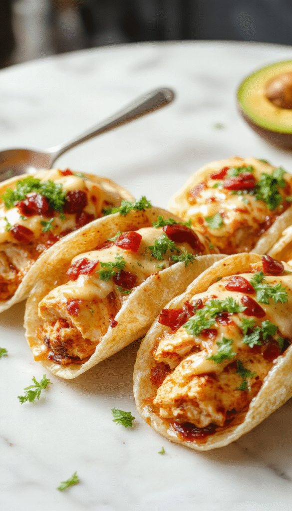 Colorful mini baked chicken tacos arranged on a white plate, topped with shredded lettuce, melted cheese, and pico de gallo, with a side of fresh lime slices, vibrant red and green garnishes, crispy taco shells, and a rustic wooden background.