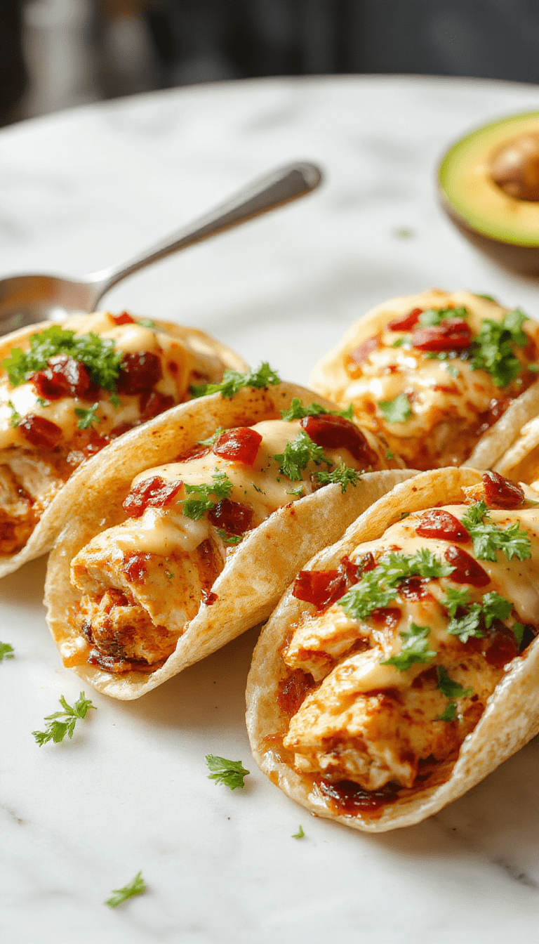 Colorful mini baked chicken tacos arranged on a white plate, topped with shredded lettuce, melted cheese, and pico de gallo, with a side of fresh lime slices, vibrant red and green garnishes, crispy taco shells, and a rustic wooden background.