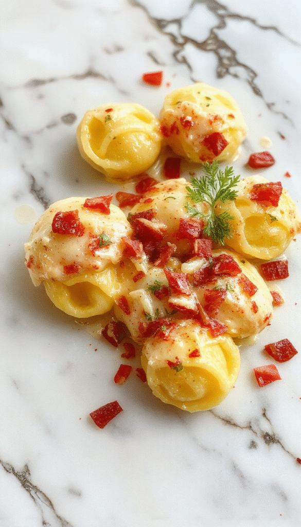 A vibrant plate of marry me tortellini featuring golden-brown, stuffed tortellini nestled in a luscious creamy sauce, garnished with fresh basil leaves, set on a rustic wooden table with a sprinkle of grated Parmesan, colorful cherry tomatoes, and a drizzle of olive oil for an inviting and elegant presentation.